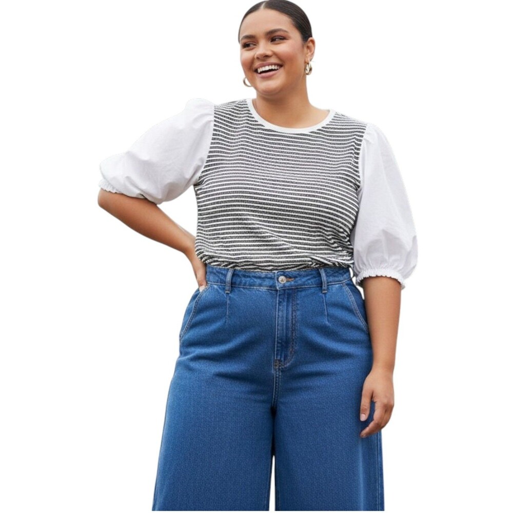 Talbots Top Womens 3X Black White Stripe Puff Sleeve Workwear Career Plus